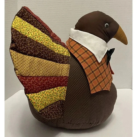 Vintage Turkey Stuffed Handmade Decor Fabric Thanksgiving Vest Bow Tie Fall 13” - Picture 2 of 6